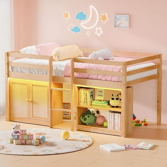 Low Loft Bed with LED Lights, Wooden Twin Size Loft Bed with Ladder & Safety Guardrail, Twin Bed Frames for Kids with Storage 2 Bookcases and Play Space (Natural)