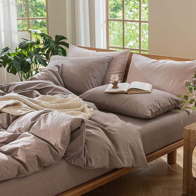 MooMee Bedding Duvet Cover Set 100% Washed Cotton Linen Like Textured Breathable Durable Soft Comfy (Heathered Mauve Brown, Super King Plus 120"x120")