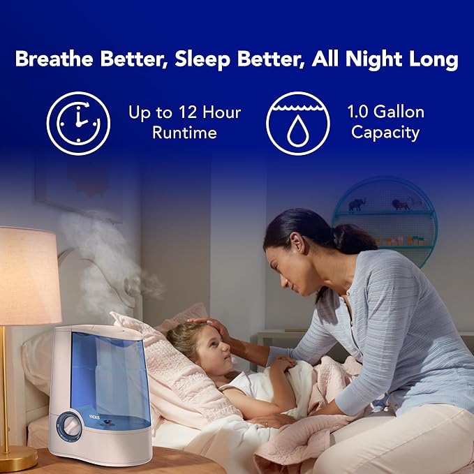 Vicks Warm Mist Humidifier Filter-Free 1-Gal Tank, Auto Shut-Off, Night Light, VapoPad and VapoSteam Compatible