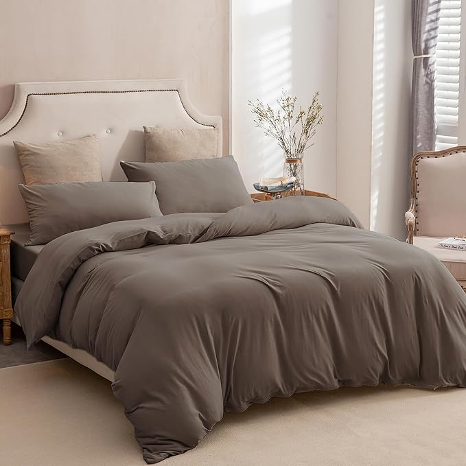 PURE ERA Jersey Knit Duvet Cover Set 100% T-Shirt Cotton Super Soft Comfy 2pc Bedding Set with Zipper Closure (Solid Brown, Twin)