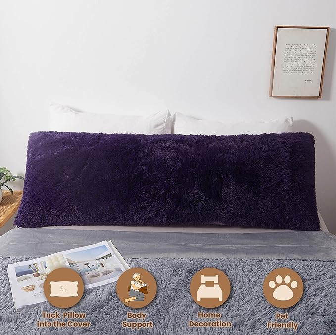 MEGO Shaggy Plush Body Pillow Cover, Faux Fur Fluffy Body Pillowcase, 20x54 Boho Fuzzy Body Pillow Case, Furry Long Big Throw Pillow Sham with Zipper for Home Bedding Couch Living Room Deep Purple