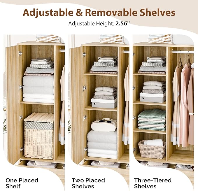 VINGLI Wardrobe Closet with Doors, Rattan Armoire Wardrobe Closet with Drawers & Hanging Rod, Wooden Armoire for Hanging Clothes, Natural Oak, 68.9" H