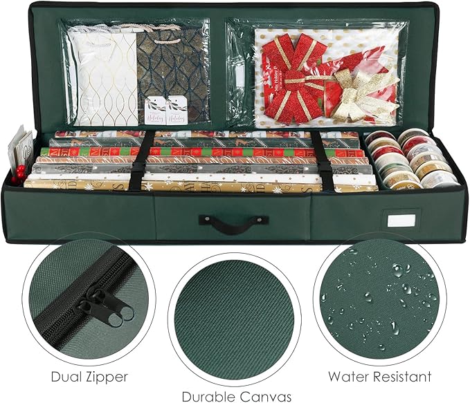 Hearth & Harbor Wrapping Paper Storage Container - Christmas Storage Bag with Interior Pockets - Gift Wrapping Organizer Storage Fits Up to 22 Rolls of 40" - Tear Proof Wrapping Paper Organizer