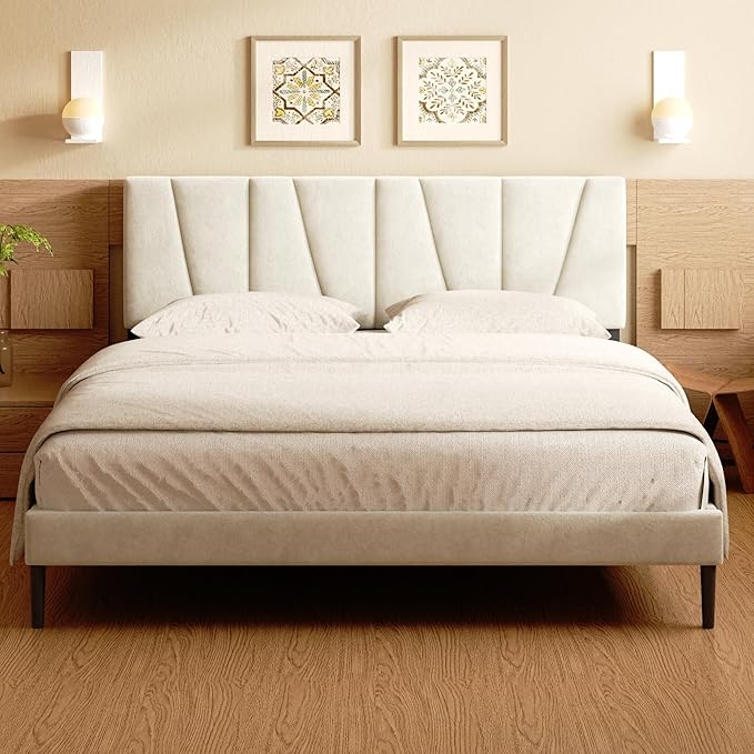 Queen Size Bed Frame, Linen Upholstered Platform Bed with Headboard, Strong Wooden Slats Support, Noise-Free Mattress Foundation, No Box Spring Needed, Easy Assembly, Beige