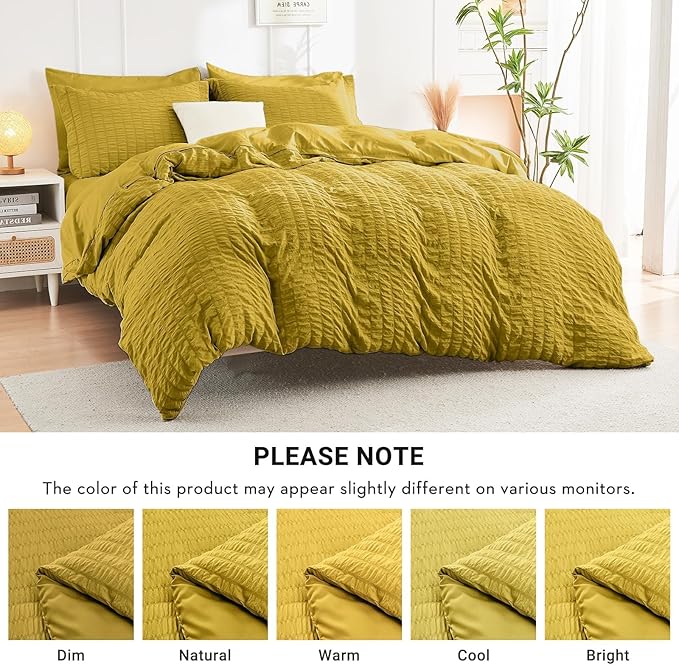 HYMOKEGE Mustard Yellow King Size Comforter Set Seersucker 7 Pieces, All Season Luxury Bed in a Bag for Bedroom, Bedding Set with Comforter, Sheets, Pillowcases & Shams