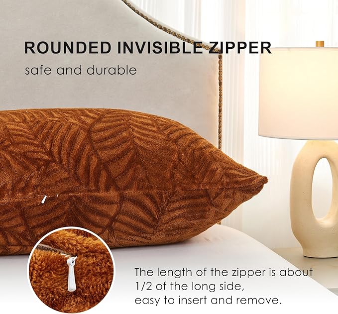 SOCHOW Fall Body Pillow Cover 21x54 Inches, Super Soft and Cozy Leaves Textured Fleece Long Body Pillowcase with Zipper Closure,1 Pack, Caramel
