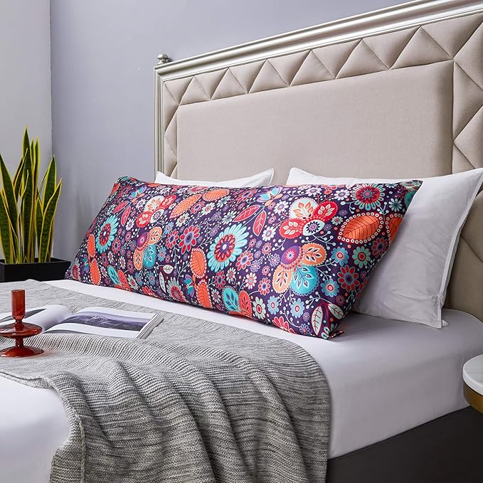 MR&HM Satin Body Pillow Cover, Soft and Breathable Body Pillow Case with Envelope Closure, Cooling and Silky Long Pillowcase for Hair and Skin,Grey (20x54, Boho Floral)