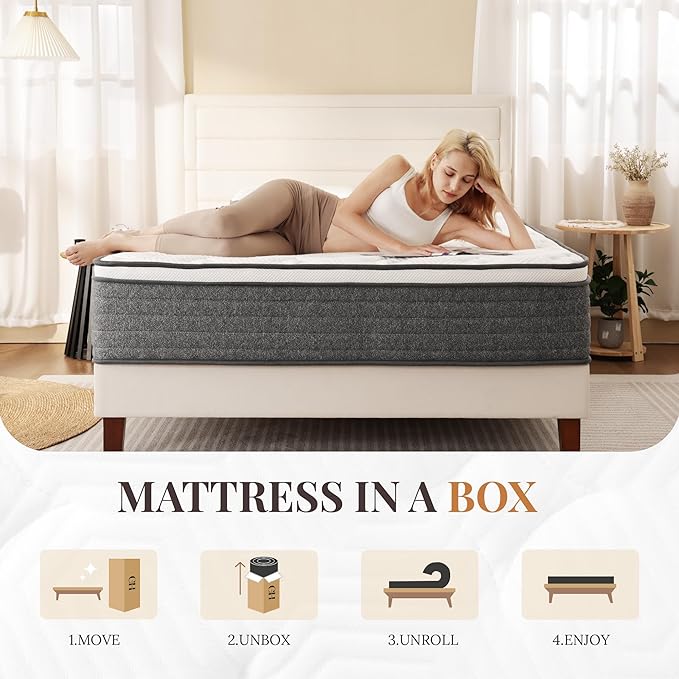 CH Charme House Full Size Mattress, 12 Inch Full Hybrid Mattress in a Box, Medium Feel Foam and Individual Pocket Springs, Extra Edge Support, Pressure Relief, CertiPUR-US, Grey