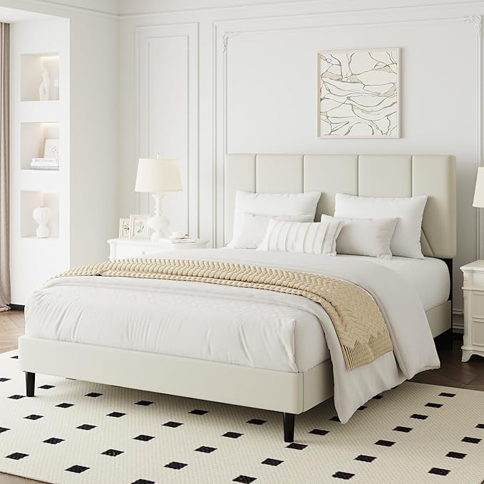 Full Bed Frame, Padded Platform Bed Frame with Velvet Headboard, Vertical Quilted Design, Sturdy Slatted Mattress Base, No Spring Mattress Required, Easy to Assemble, Beige