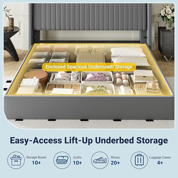 Allewie King Size Lift Up Storage Bed Frame, Hydraulic Support System, Upholstered Platform Bed Frame, Underneath Storage, Vertical Channel Tufted Headboard with Wingback, No Box Spring Needed, Grey