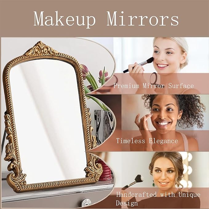 Small Vintage Vanity Makeup Desk Mirror, Antique Traditional Arch Table Mirror in Gold, Decorative Wood Carved Mirror for Living Room Bedroom Tabletop 11.8" x 9.6"