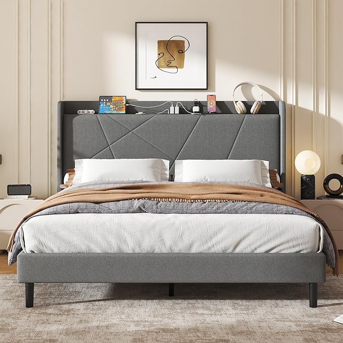 King Size Linen Bed Frame, Storage Headboard with Charging Station, Upholstered Platform Bed with Wooden Slats Support, Solid and Stable, Noise Free, No Box Spring Needed, Easy Assembly, Gray