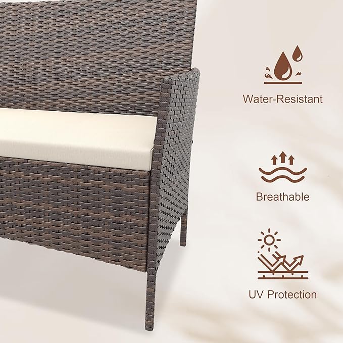 4-Piece Patio Furniture Set, Outdoor Wicker Conversation Set with Tempered Glass Coffee Table, Heavy Duty PE Rattan Sectional Sofa & Washable Cushions for Backyard, Deck, Poolside (Brown Rattan/Beige)