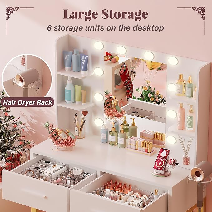 Furmax Vanity Desk with Mirror and LED Light Bulb, Small Makeup Vanity Table with Drawers, Dressing Table with Power Outlet and Hair Drayer Holder for Bedroom (White & Gold)