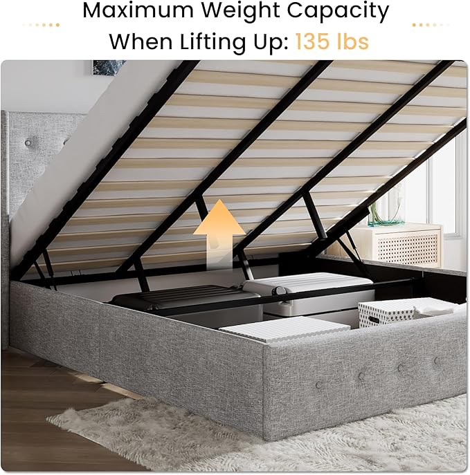 SHA CERLIN King Size Lift Up Storage Bed Frame,Button Tufted Wingback Headboard,Upholstered Platform,Hydraulic Storage,Wooden Slat Support,No Box Spring,Light Grey
