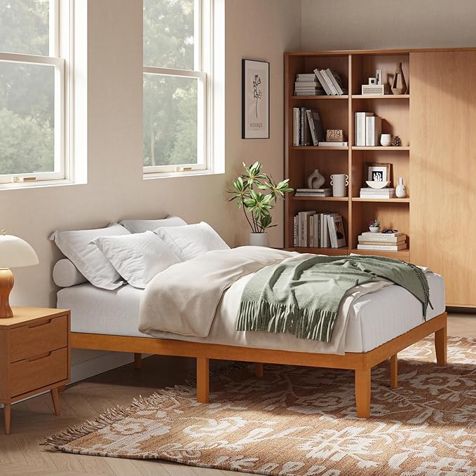 DUMOS 14 Inches Queen Size Wood Platform Bed Frame, Solid Wooden Mattress Foundation with Heavy Duty Wood Slat Support, Sturdy, No Box Spring Needed, Natural Pine