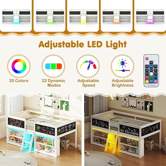 Giantex Low Loft Bed with LED Lights, Wooden Twin Size Loft Bed with Ladder & Blackboard, Twin Bed Frames for Kids with Storage 2 Bookcases and Play Space, White