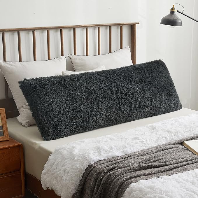 XeGe Luxury Shaggy Faux Fur Body Pillow Cover, Fluffy Bed Pillow Case with Zipper Closure, Soft Decorative Plush Long Pillow Sham, Fuzzy Hug Pillow for Home Bedroom Pregnant Women 20"x54" Dark Gray
