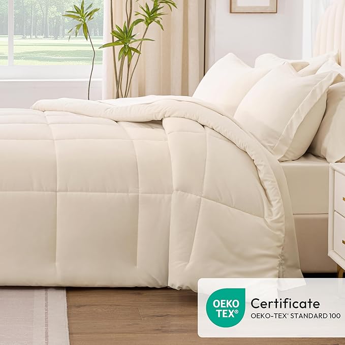 Love's cabin Queen Comforter Set Beige, 7 Pieces Queen Bed in a Bag, All Season Bedding Sets with 1 Comforter, 1 Flat Sheet, 1 Fitted Sheet, 2 Pillowcase and 2 Pillow Sham | Soft, Breathable, Lightweight, Comfortable