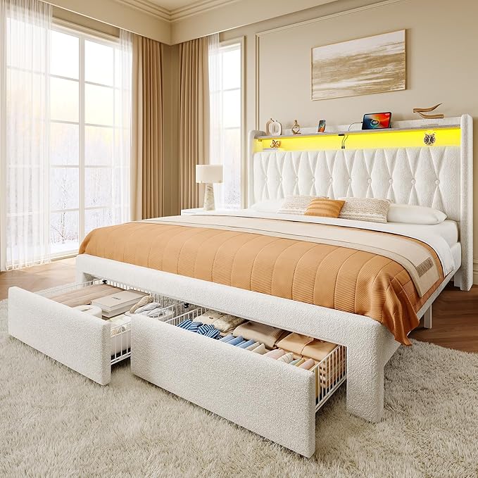 Rolanstar Queen Bed Frame with Drawers, Storage Headboard with Charging Station and LED Lights, Upholstered Bed with Heavy Duty Wood Slats, No Box Spring Needed, Noise Free, Easy Assembly, Beige
