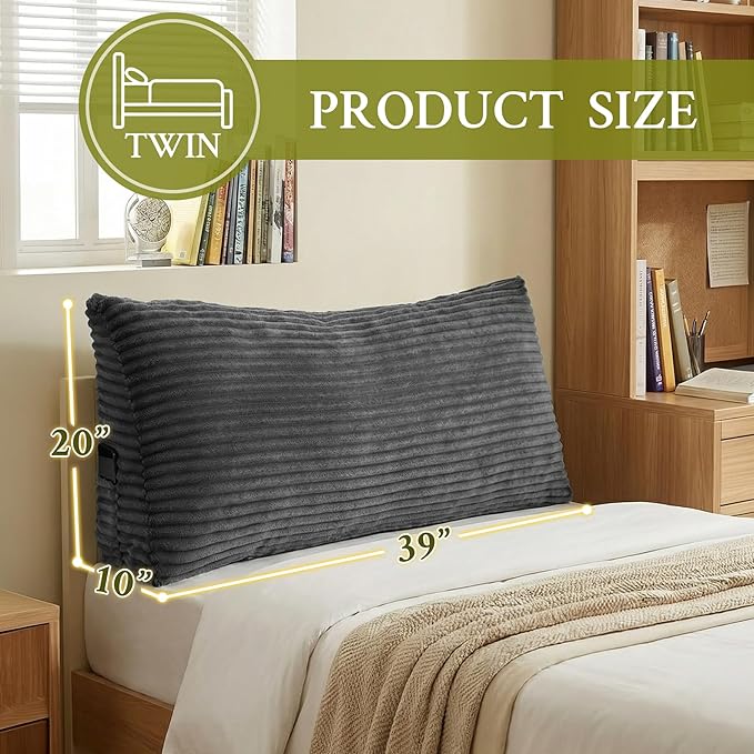 Headboard Pillow Twin, Headboard Wedge Pillow, Back Rest Pillows for Sitting, Reading, Working, Triangle Pillow with Removable Cover, Daybed Pillows for Bed Dorm Sofa, Dark Grey