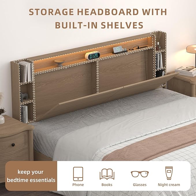 Queen Headboard Only with Shelves Storage, Headboards with Charging Station 2 USB Ports and LED Light,Sturdy and Stable Modern Sturdy and Stable Wood Bed Board (Natural Oak, Queen) | Solid wood leg, chargestation, Storage