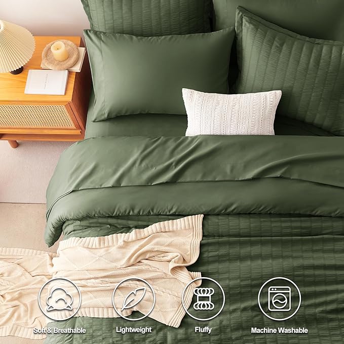 CozyLux Full Size Comforter Sets with Sheets 7 Pieces, Olive Green Seersucker Bed in a Bag Textured Luxury Soft Bedding Sets with Down Alternative Comforter, Sheets, Pillowcases & Shams for All Season