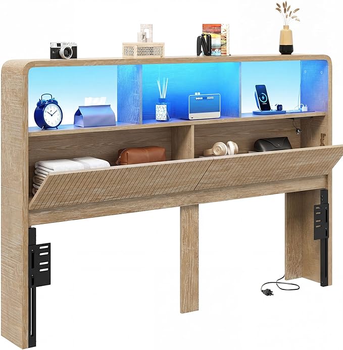 Headboard Queen Size, 63" Wide Wooden Queen Headboard Only, Modern Farmhouse Head Board with Outlets & USB Ports, Wall Mounted Headboards with Color-Changing LED Lighting, Natural