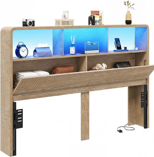 Headboard Queen Size, 63" Wide Wooden Queen Headboard Only, Modern Farmhouse Head Board with Outlets & USB Ports, Wall Mounted Headboards with Color-Changing LED Lighting, Natural