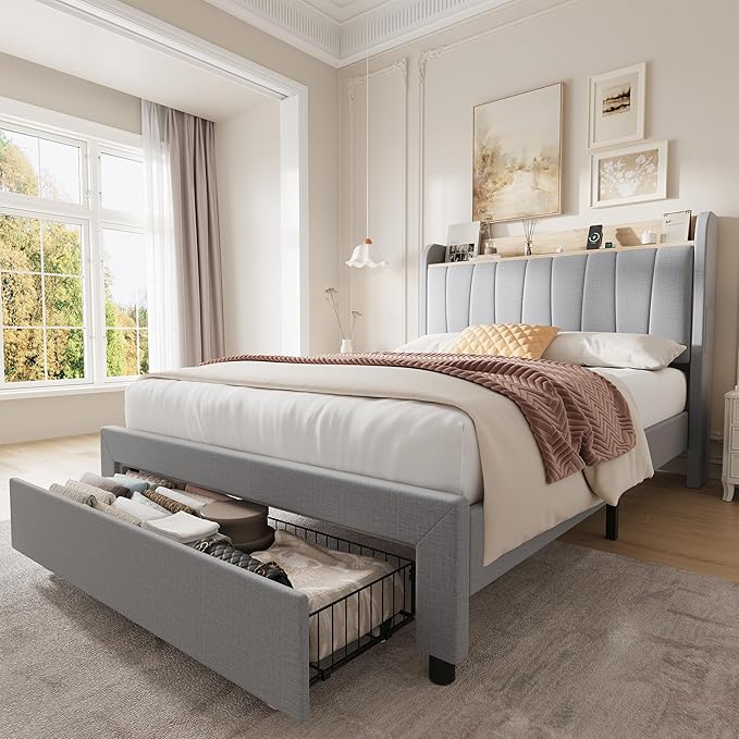 Garvee Queen Size Platform Bed Frame with Upholstered Storage Headboard, Built-in Charging Station, Metal Drawers, Wooden Slats, Sturdy and Noise-Free, Modern Bedroom Furniture - Twin, Light Gray