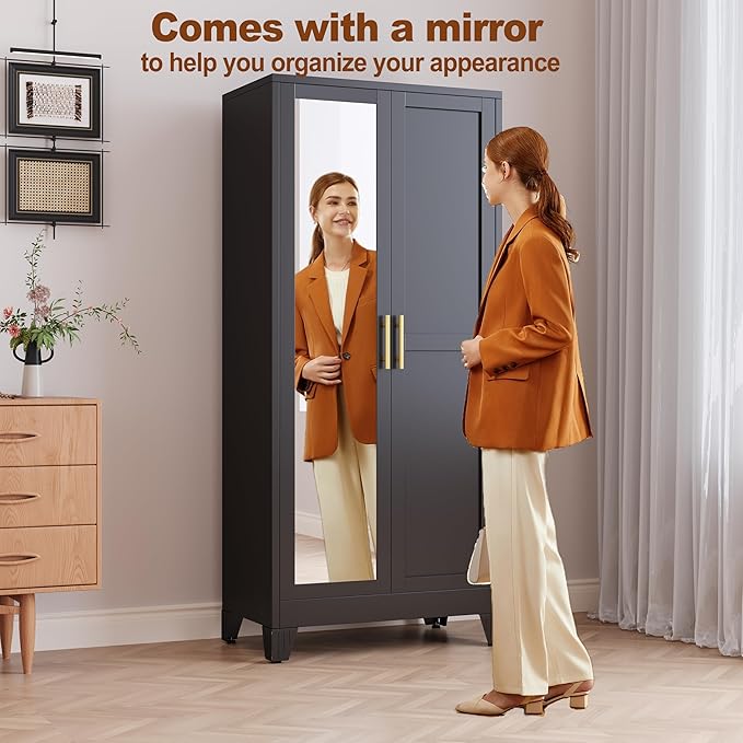 RIETERN Metal Armoire Wardrobe Closet, 71" Tall Bedroom Closet with Mirror, Adjustable Shelves, and Hanging Rod, Steel Clothes Closets and Storage, for Bedroom Black