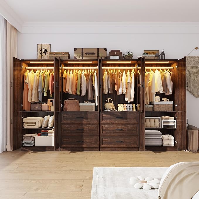 Hlivelood 75" Tall Farmhouse 8 Doors Armoire Wardrobe Closet with 6 Drawers and LED,Freestanding Closet Wardrobe Cabinet for Bedroom with Hanging Rod,Wooden Armoire Storage Cabinet(Brown 8 Doors)