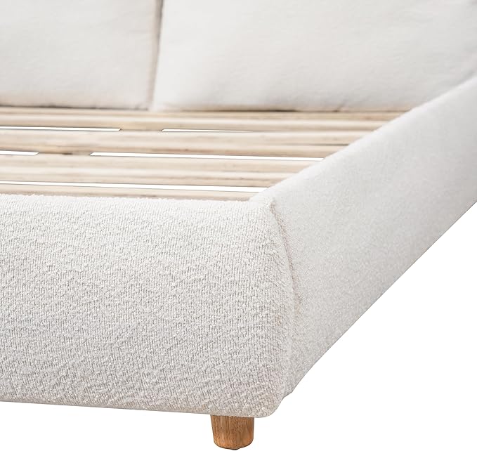 Merax California King Size Boucle Fabric Upholstered Platform Bed with Two Removable Pillow Headboard, Wood Bed Frame with Solid Round Legs for Kids Teens Adults, White