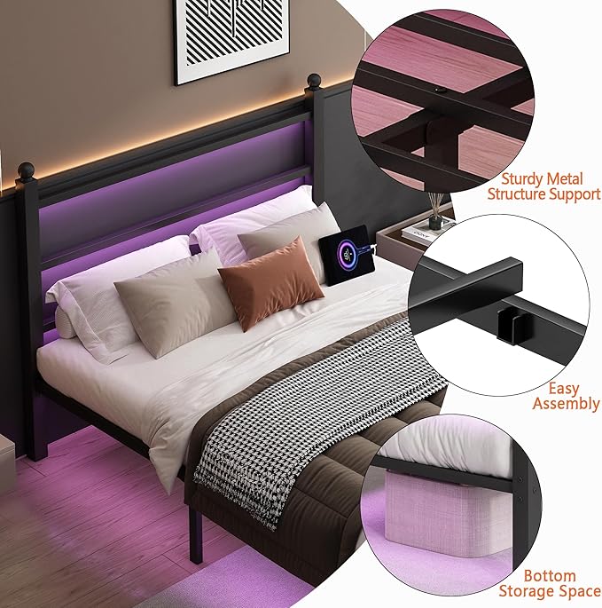 CLIBFENG Full Size Bed Frame with Headboard and Footboard,Steel Slats Support-LED Bed Frame with USB Charging Station,Mattress Foundation-Under Bed Storage, No Box Spring Needed,Noise Free,Black
