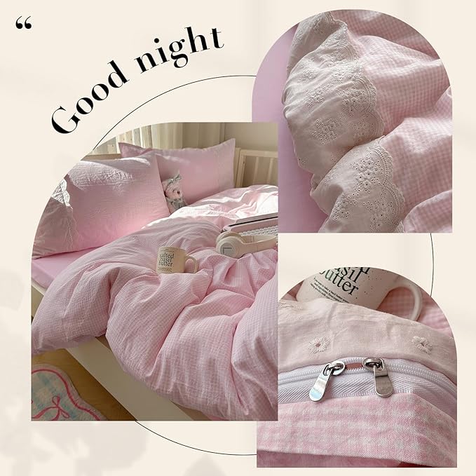 mixinni Pink Gingham Duvet Cover King Size - 3 Piece Cottagecore Plaid Bedding Set with Lace Trim, Soft Washed Microfiber Vintage Aesthetic Grid Comforter Cover & Pillow Shams, (Pink White Gingham)