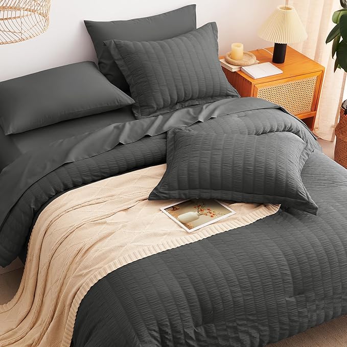 CozyLux Queen Comforter Set Dark Grey Seersucker 7 Pieces Bed in a Bag Queen Comforter Set with Sheets, Dark Gray Luxury Soft Bedding Set with Down Alternative Comforter, Sheets, Pillowcases & Shams