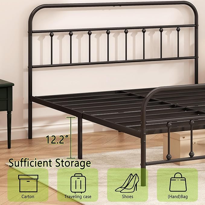 Kujielan Metal Bed Frame - Structurally Stable Heavy Duty Steel Slat Supported Queen Bed Frames,No Box Spring Needed for Easy Removal and Transport.