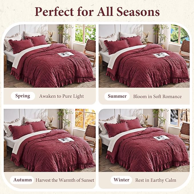 JOLLYVOGUE Twin Size Comforter Set, 2 Pieces Burgundy Seersucker Lightweight Fluffy Bedding Set, Twin Ruffle Comforter, All Season Soft Microfiber Shabby Chic Bed Set