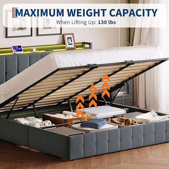 Garvee King Size Lift Up Storage Bed with LED Lights, Upholstered Velvet Bed Frame with Storage Headboard & Charging Station, Metal Platform Bed, No Box Spring Needed, Solid Wooden Slats, Grey