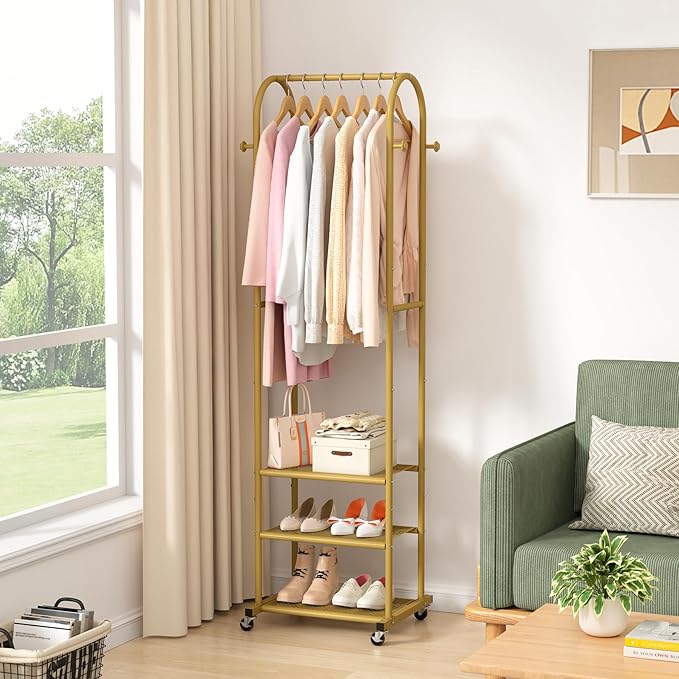 Kaitiemoo Heavy Duty Clothing Rack with Wheels,Modern Garment Rack with 3 Metal Shelves, 71.8Inches Display Rack for Hanging Clothes, Hanging Rod for Small Space,Gold