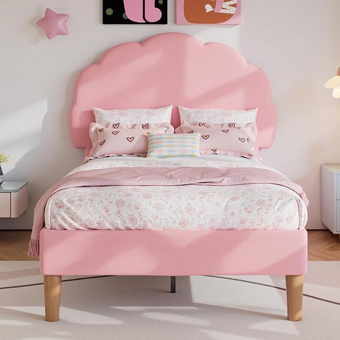 VECELO 2 Set Twin Size Bed Frame, Upholstered Platform Bedframe with Height Adjustable Plush Fabric Headboard, Strong Wood Slat Supports, No Box Spring Needed, Pink