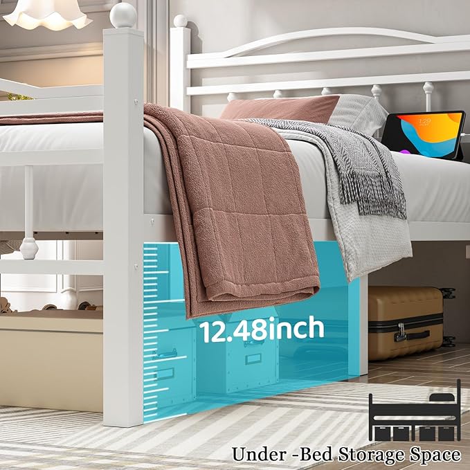 Jenmit Twin Bed Frames with Headboard, LED Bed Frame with Charging Station, Metal Platform, Under-Bed Storage, No Box Spring Needed, Noise Free, Easy Assembly, White
