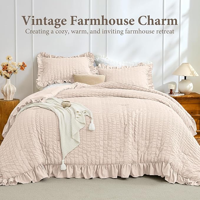 JOLLYVOGUE Beige Comforter Full Size, 3 Pieces Seersucker Lightweight Full Size Bedding, All Season Fluffy Microfiber Bedding Comforter Set with 1 Ruffle Comforter and 2 Ruffle Pillowshams
