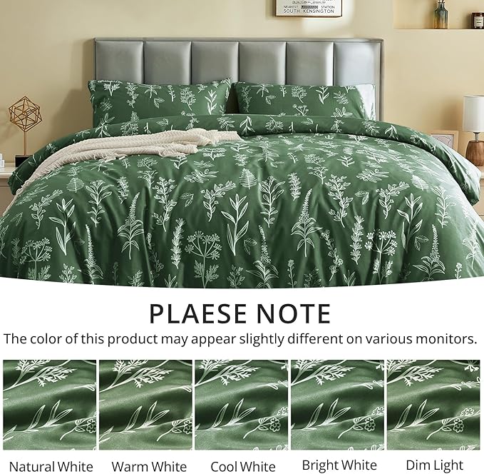 MUXHOMO Duvet Cover Full Size, Reversible Floral Dark Green Duvet Cover Set with Zipper Closure, 3 Pieces Botanical Patterns Soft Microfiber Bedding Set with 4 Ties (80"x90", 2 Pillow Cases)