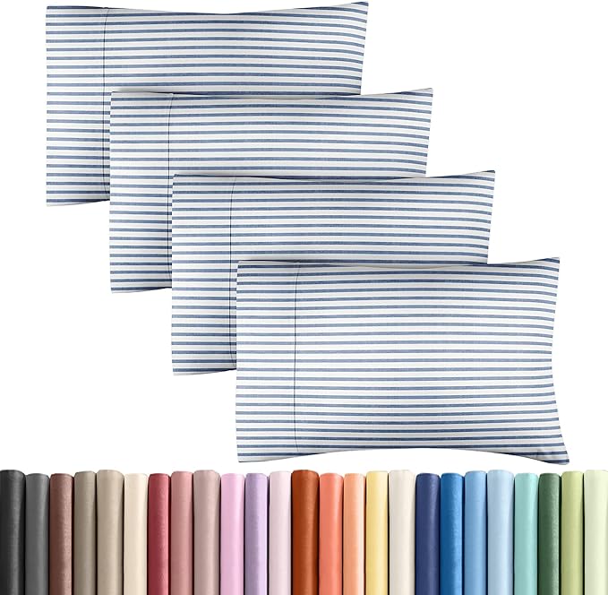 King Pillow Cases Set of 4 - Ultra Soft Hotel Quality Pillowcase Covers - Comfy, Cozy & Wrinkle Free - Shrinkage and Fade Resistant - Machine Washable Pillow Protectors - 4 Piece Set - Blue Stripes 2