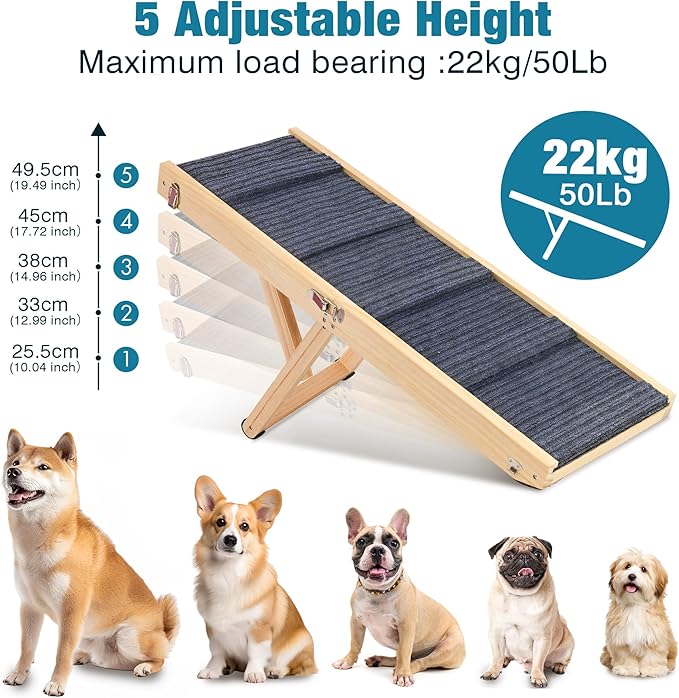 Dog Ramp for Bed, Adjustable Height 10" to 19.5" (5 Levels) Folding Ramp for Dogs to Get on Bed, Solid Wood Dog Ramps for Small Dogs Senior Dogs, Non-Slip Waterproof Easy Storage for Bed Couch