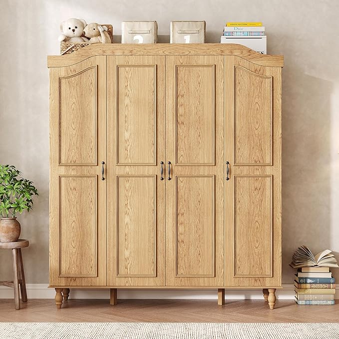 Arched Armoire Wardrobe Closet with 4 Doors, 71" H Wooden Large Capacity Wardrobe Cabinet with 2 Hanging Rods and 8 Shelves, Freestanding Armoire Storage Cabinet for Bedroom, Cloak Room, Natural