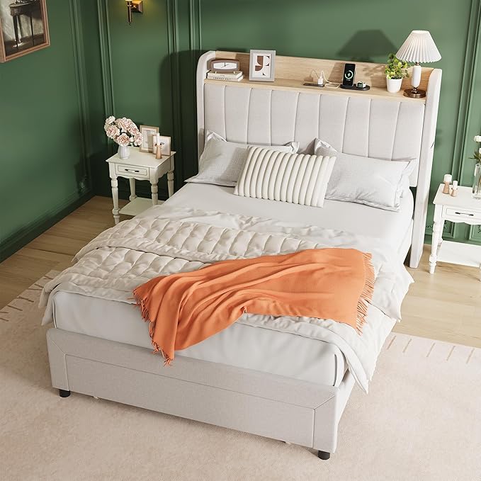Garvee Upholstered Platform Bed Frame with Storage Headboard, Integrated Charging Station (2 USB Ports & AC Outlets), Spacious Drawers, Heavy Duty, Easy Assembly, Noise-Free - Queen/King, Grey/Beige