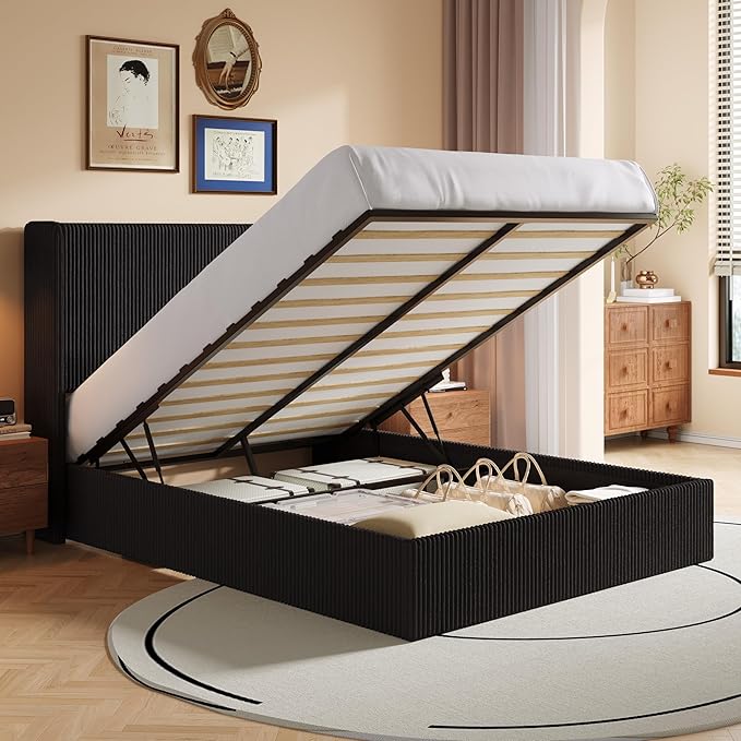 SHA CERLIN Full Size Lift Up Storage Bed Frame, Modern Upholstered Wingback Headboard, Hydraulic Support & Underneath Storage, Soft Corduroy Fabric Platform Bed, No Box Spring Needed, Black