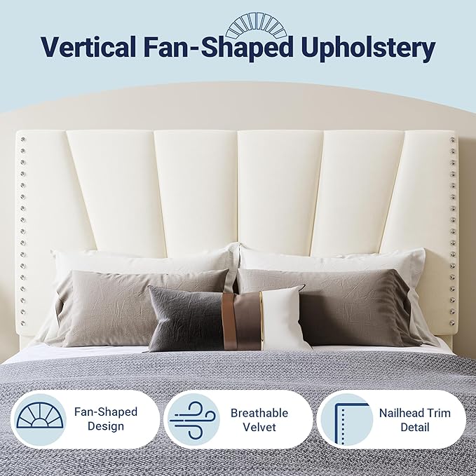 Allewie Queen Size Bed Frame with Adjustable Velvet Upholstered Headboard, Rivet-Style Nailhead Trim Detail Platform Bed Frame, Wooden Slat Support, No Box Spring Needed, Easy Assembly, Cream
